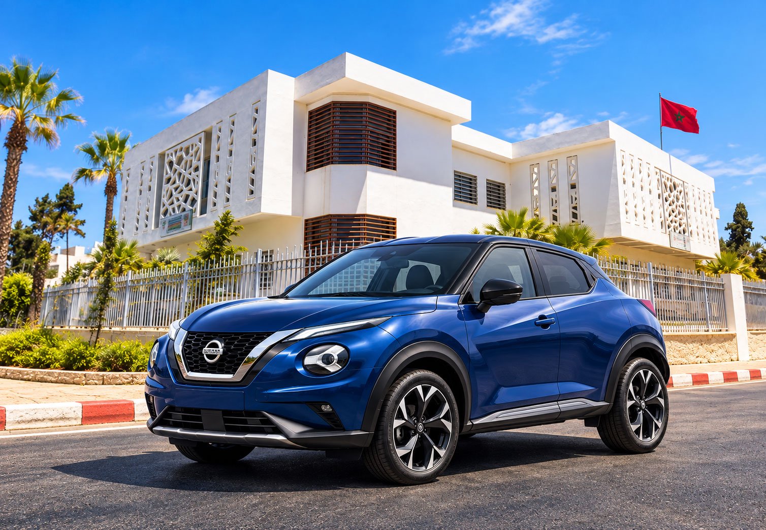 Location Nissan Juke 2 Blue-Crossover-at-Modern-Moroccan-Building