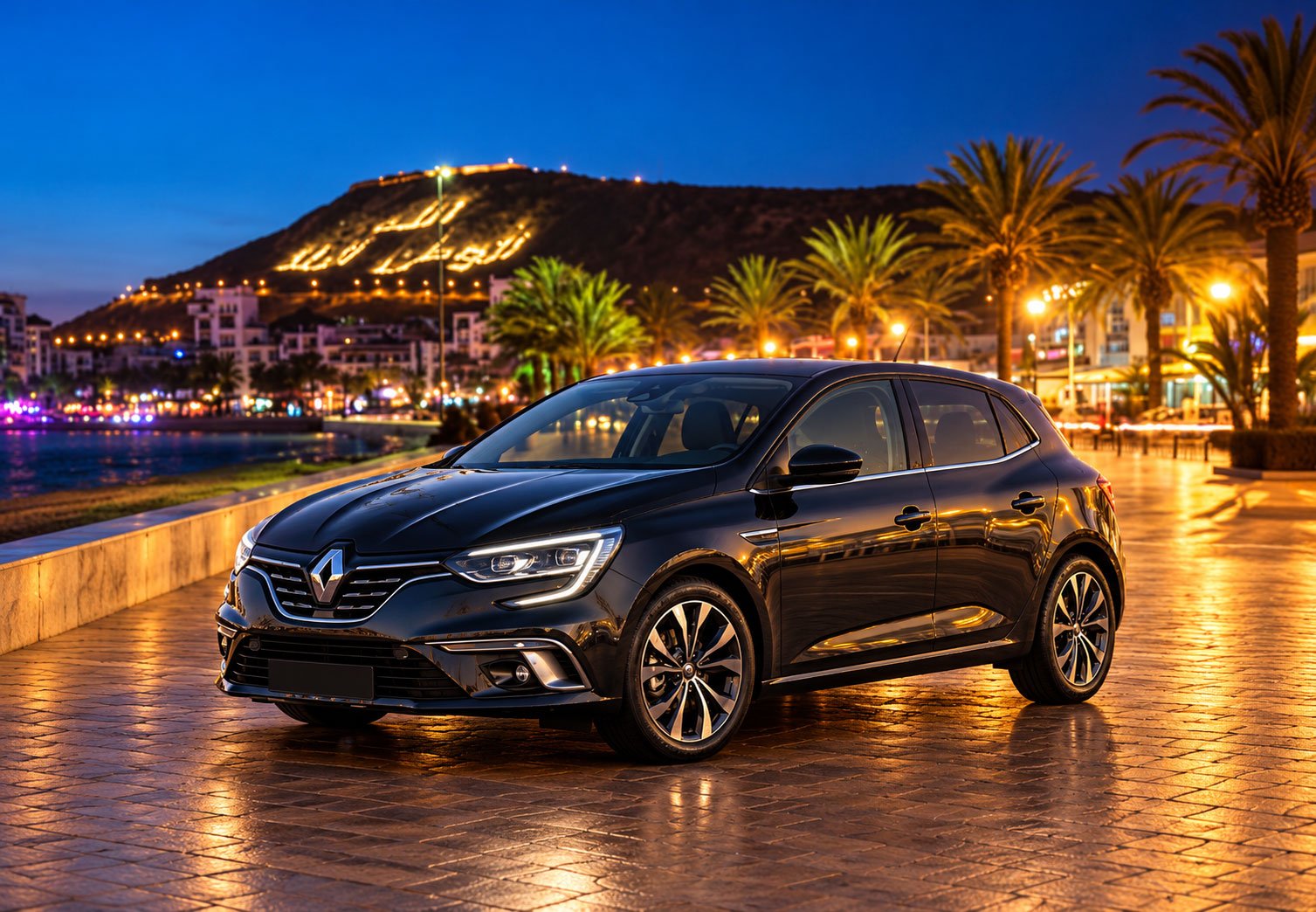 Location Renault Mégane Citadine 2 Renault-Hatchback-by-the-Waterfront-at-Twilight