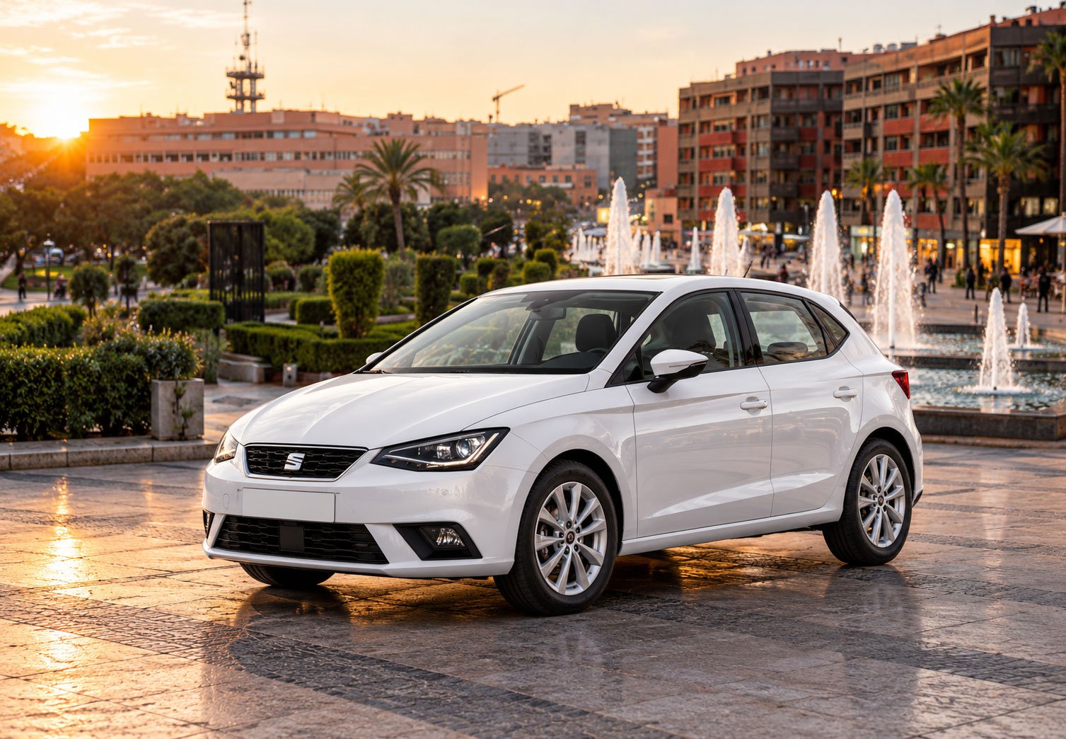 Location Seat Ibiza 2 White-Hatchback-at-Sunset-Plaza